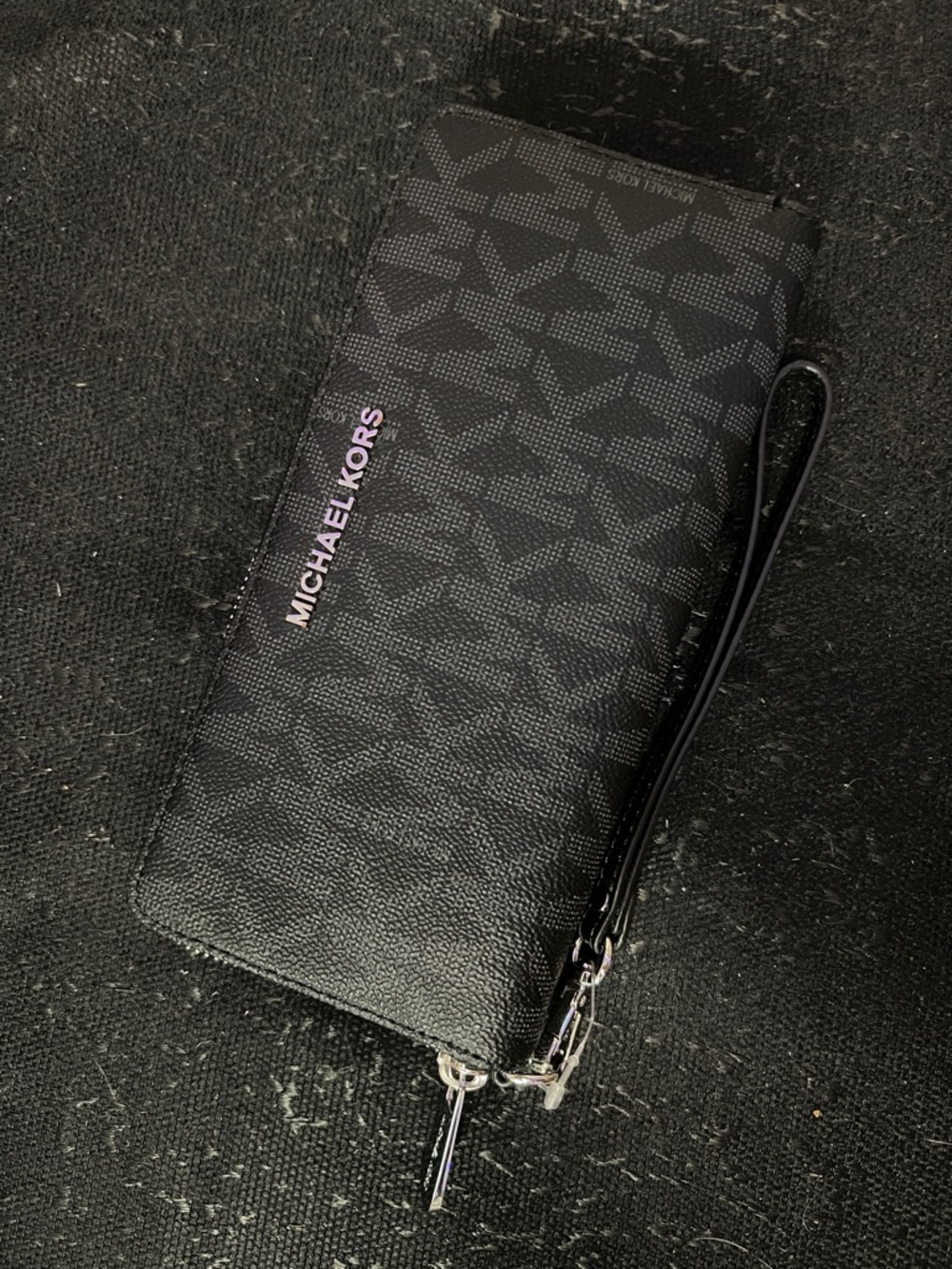 Michael Kors Black MK Logo Wristlet Wallet with Silver Hardware